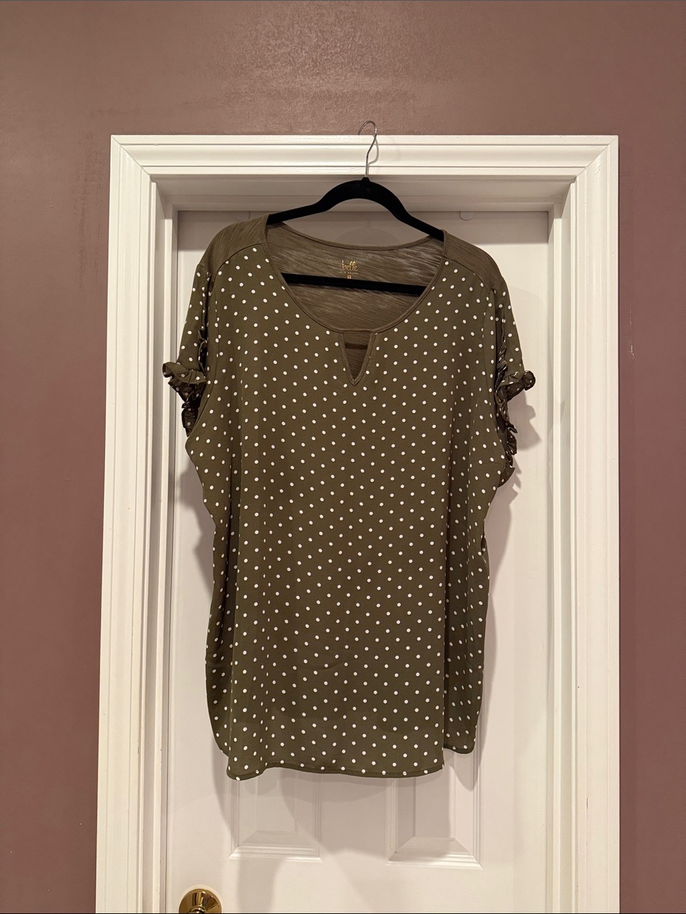 Belle by Kim Gravel Olive Green Polka Dot Short Sleeve Top